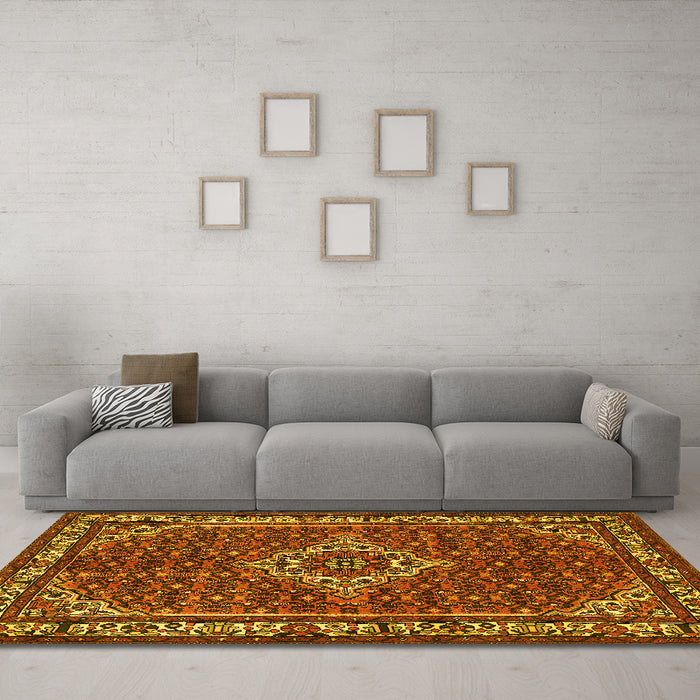Machine Washable Medallion Yellow Traditional Rug in a Living Room, wshtr586yw