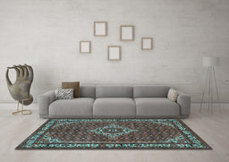 Machine Washable Medallion Light Blue Traditional Rug in a Living Room, wshtr586lblu