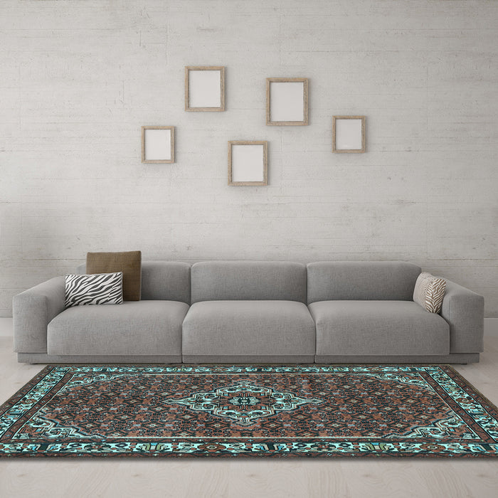 Machine Washable Medallion Light Blue Traditional Rug in a Living Room, wshtr586lblu