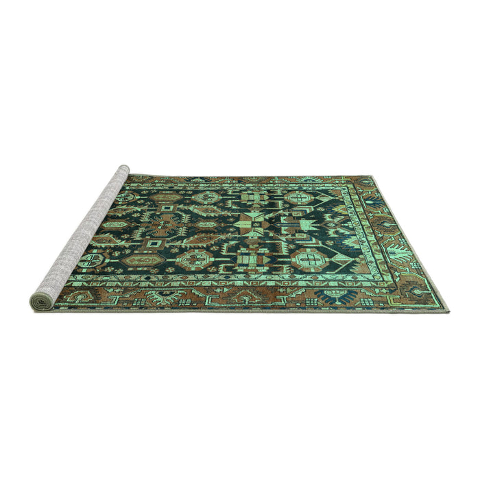 Sideview of Machine Washable Persian Turquoise Traditional Area Rugs, wshtr588turq