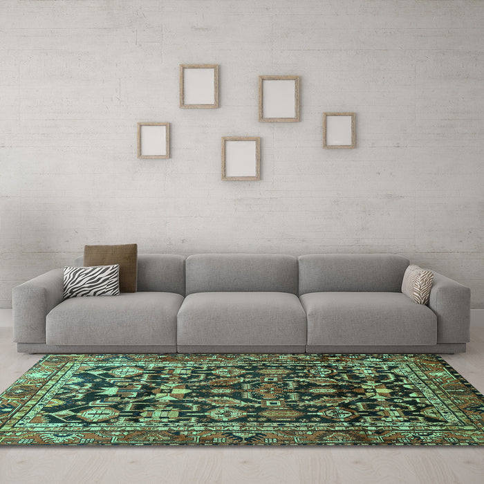 Machine Washable Persian Turquoise Traditional Area Rugs in a Living Room,, wshtr588turq