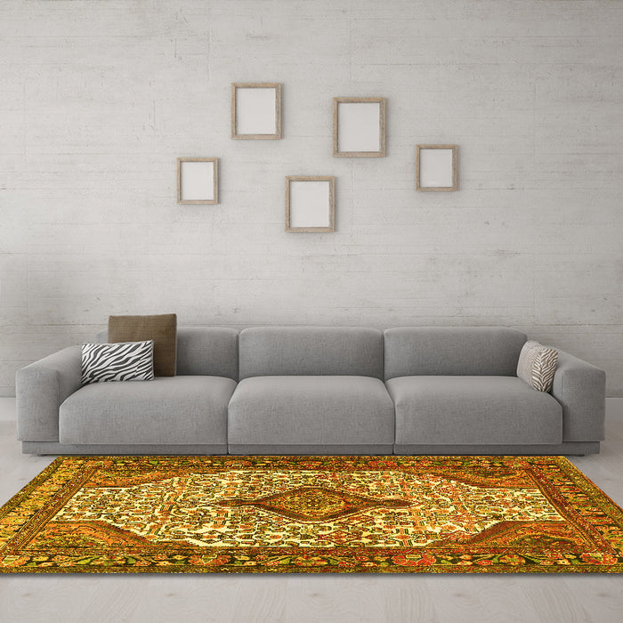 Machine Washable Medallion Yellow Traditional Rug in a Living Room, wshtr589yw