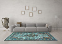 Machine Washable Medallion Light Blue Traditional Rug, wshtr589lblu