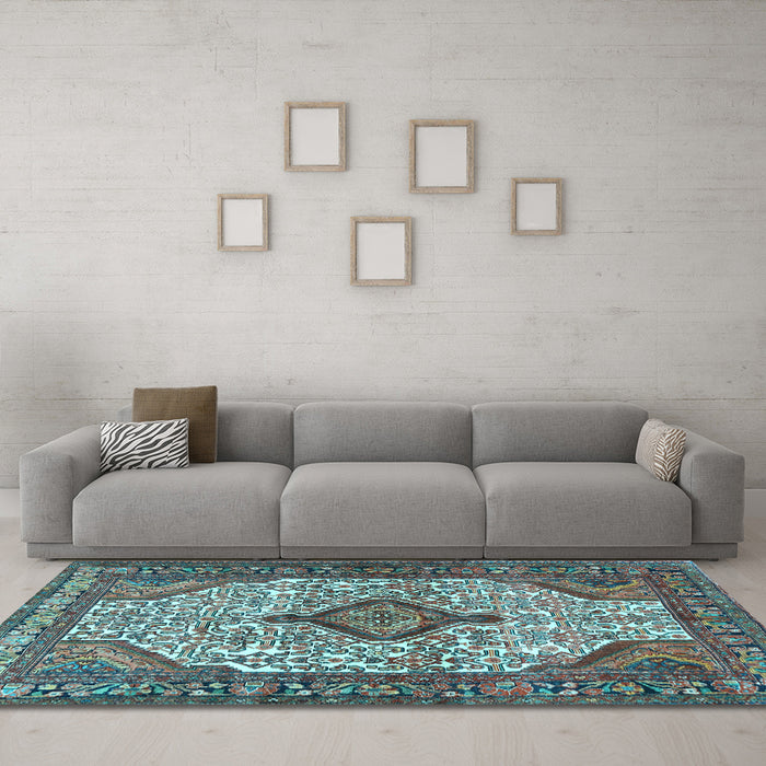 Machine Washable Medallion Light Blue Traditional Rug in a Living Room, wshtr589lblu
