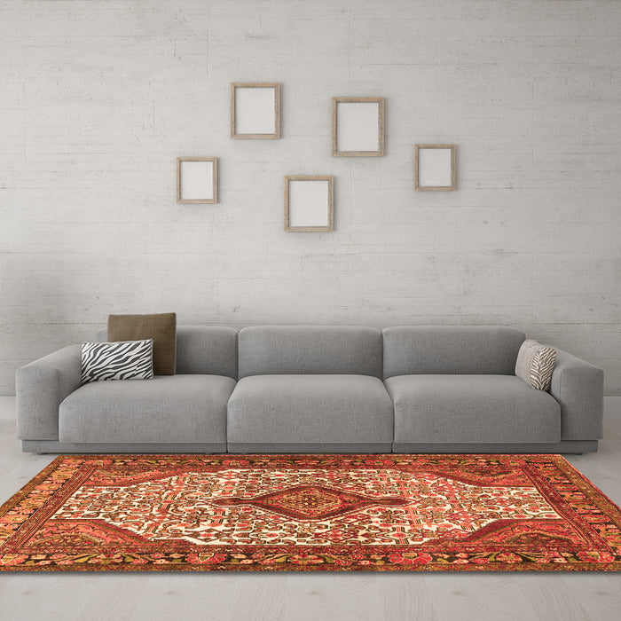 Machine Washable Medallion Orange Traditional Area Rugs in a Living Room, wshtr589org