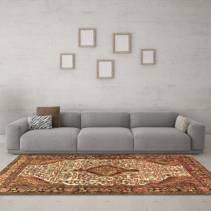 Machine Washable Medallion Brown Traditional Rug in a Living Room,, wshtr589brn