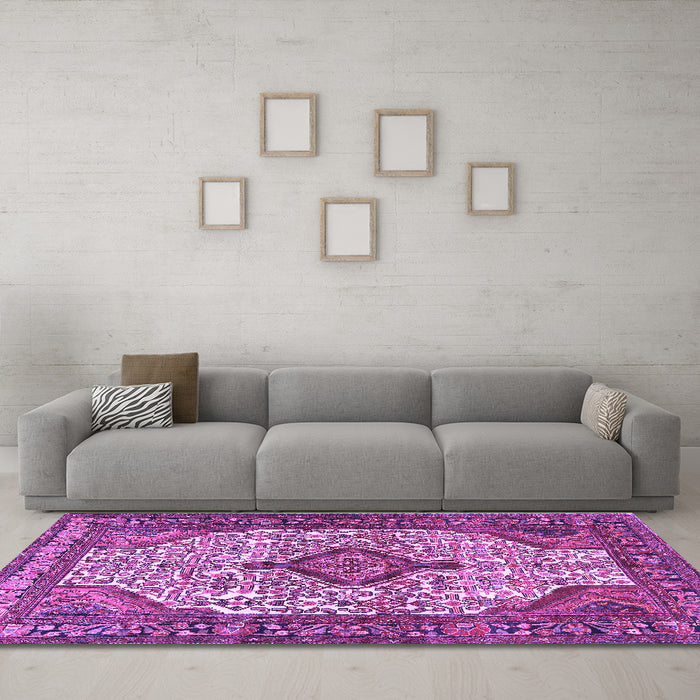 Machine Washable Medallion Purple Traditional Area Rugs in a Living Room, wshtr589pur