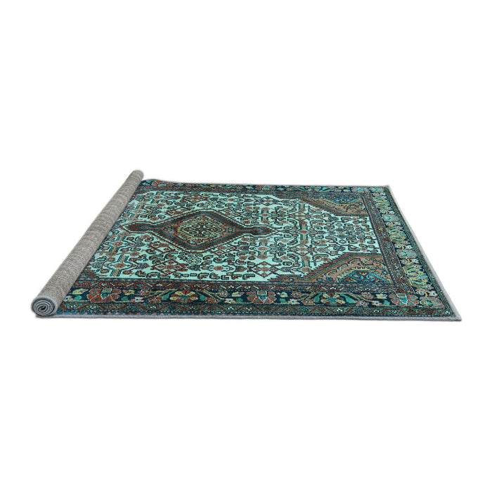 Sideview of Machine Washable Medallion Light Blue Traditional Rug, wshtr589lblu