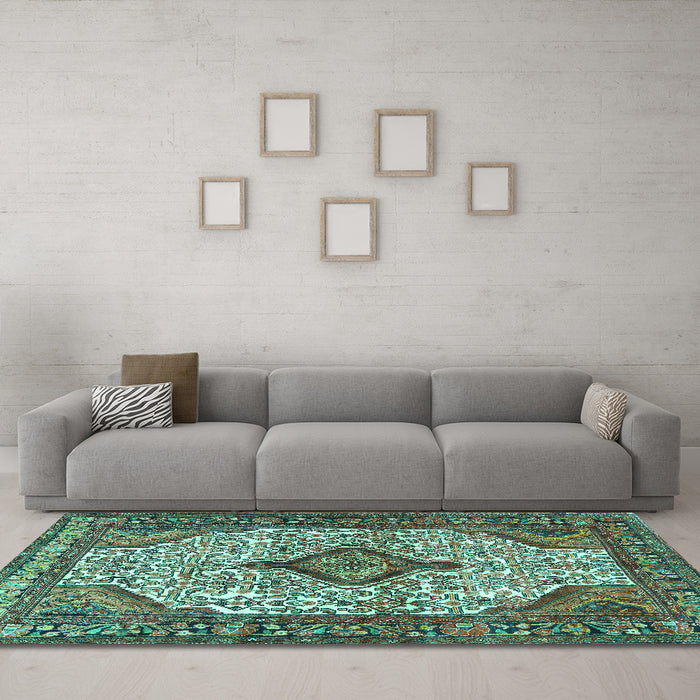 Machine Washable Medallion Turquoise Traditional Area Rugs in a Living Room,, wshtr589turq