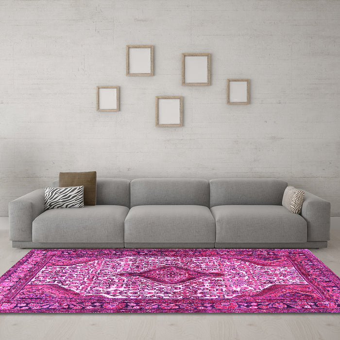 Machine Washable Medallion Pink Traditional Rug in a Living Room, wshtr589pnk