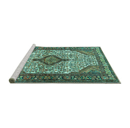 Sideview of Machine Washable Medallion Turquoise Traditional Area Rugs, wshtr589turq