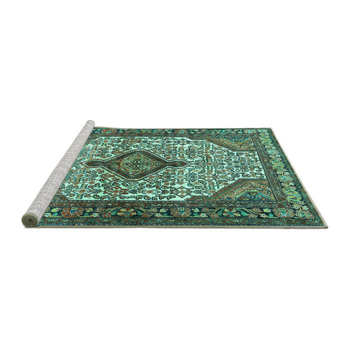 Sideview of Machine Washable Medallion Turquoise Traditional Area Rugs, wshtr589turq