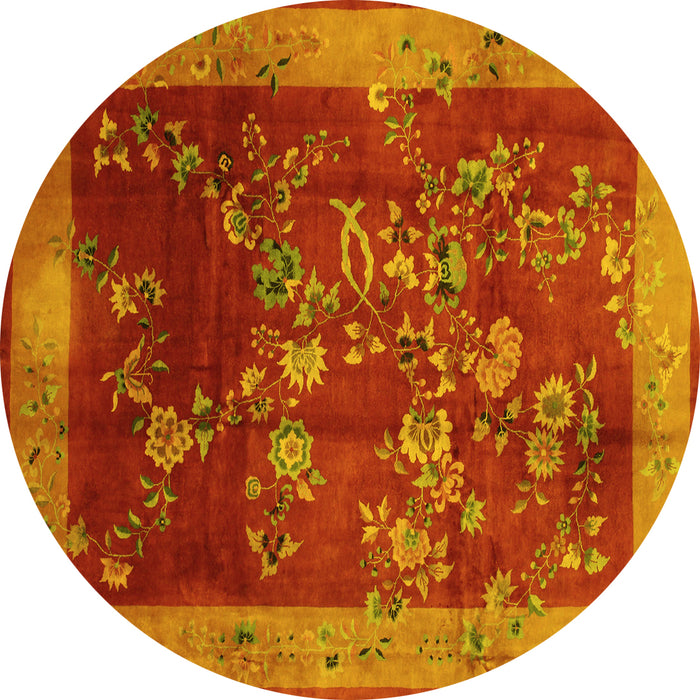 Round Machine Washable Oriental Yellow Asian Inspired Rug, wshtr58yw