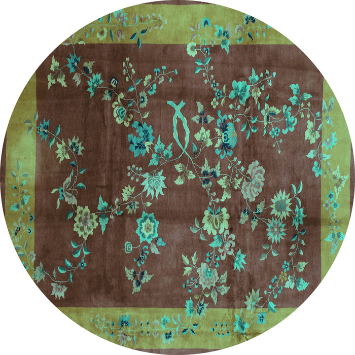 Round Machine Washable Oriental Turquoise Asian Inspired Area Rugs, wshtr58turq