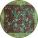 Round Machine Washable Oriental Turquoise Asian Inspired Area Rugs, wshtr58turq