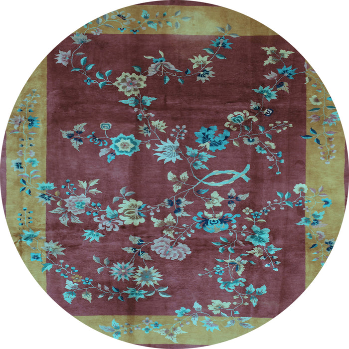 Round Machine Washable Oriental Light Blue Asian Inspired Rug, wshtr58lblu