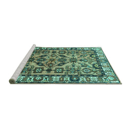 Sideview of Machine Washable Persian Turquoise Traditional Area Rugs, wshtr590turq