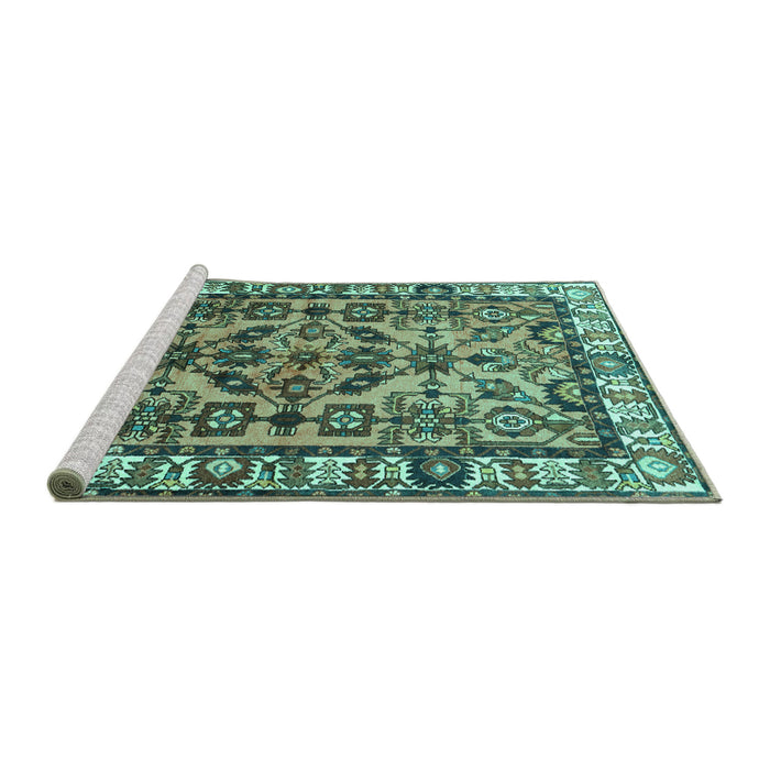 Sideview of Machine Washable Persian Turquoise Traditional Area Rugs, wshtr590turq