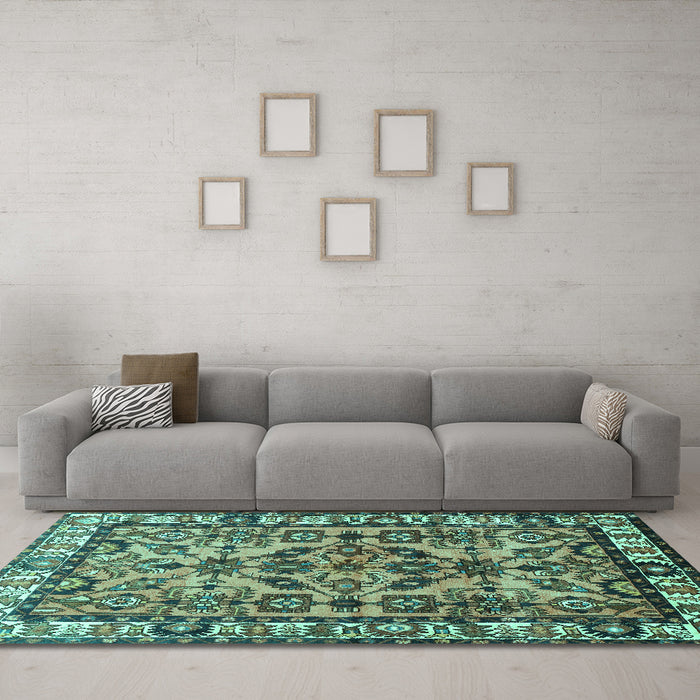Machine Washable Persian Turquoise Traditional Area Rugs in a Living Room,, wshtr590turq