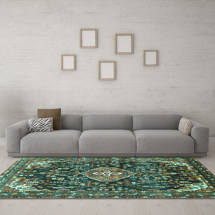 Machine Washable Persian Turquoise Traditional Area Rugs in a Living Room,, wshtr591turq