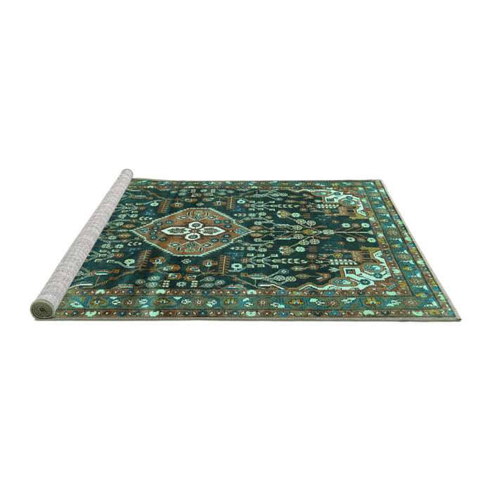 Sideview of Machine Washable Persian Turquoise Traditional Area Rugs, wshtr591turq