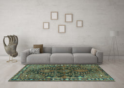 Machine Washable Persian Turquoise Traditional Area Rugs in a Living Room,, wshtr592turq