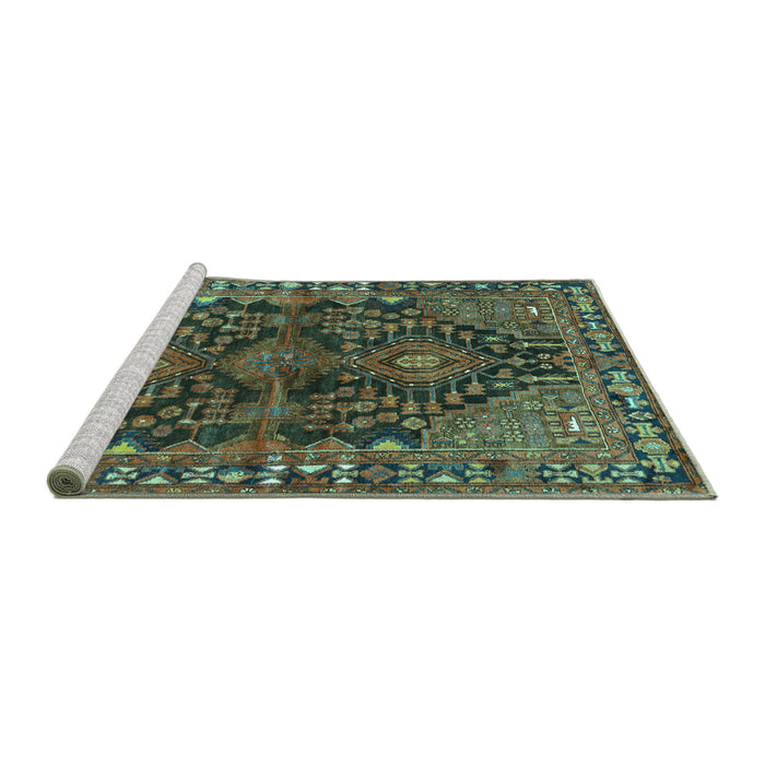 Sideview of Machine Washable Persian Turquoise Traditional Area Rugs, wshtr592turq