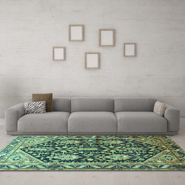Machine Washable Persian Turquoise Traditional Area Rugs in a Living Room,, wshtr593turq