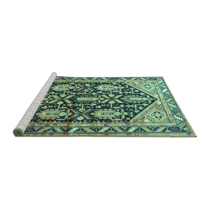Sideview of Machine Washable Persian Turquoise Traditional Area Rugs, wshtr593turq