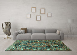 Machine Washable Persian Turquoise Traditional Area Rugs in a Living Room,, wshtr594turq