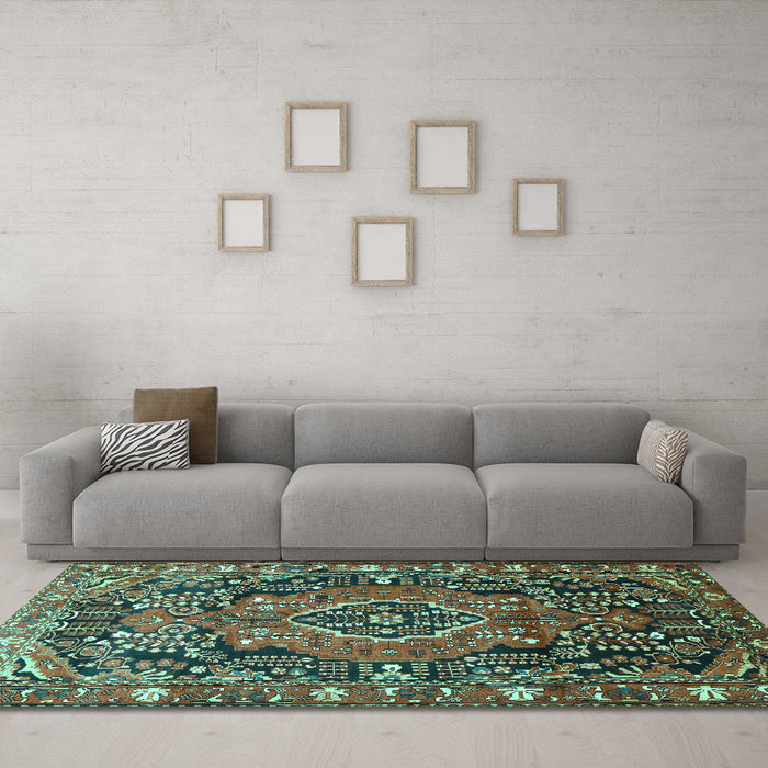 Machine Washable Persian Turquoise Traditional Area Rugs in a Living Room,, wshtr594turq