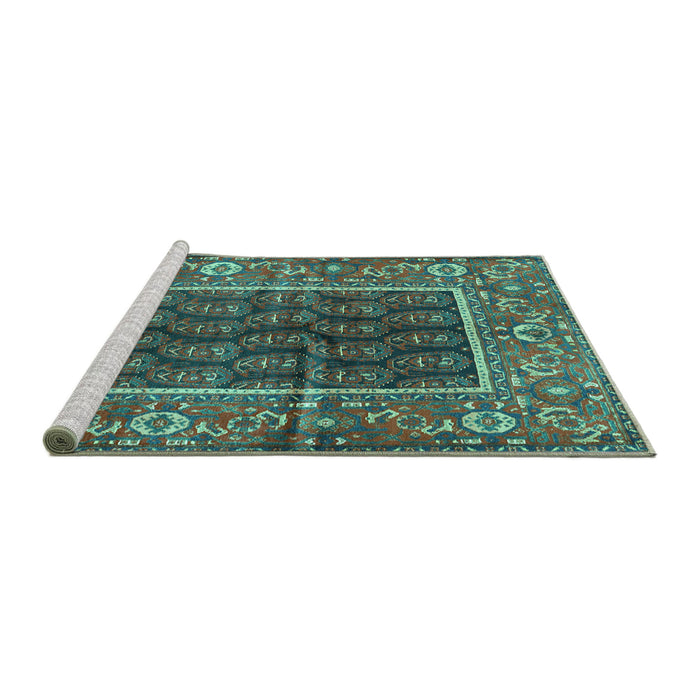 Sideview of Machine Washable Persian Turquoise Traditional Area Rugs, wshtr595turq