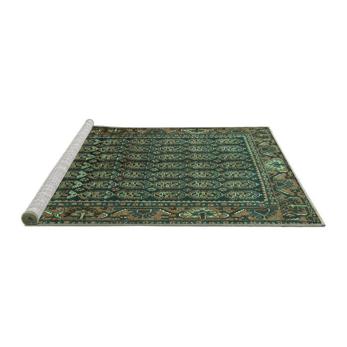 Sideview of Machine Washable Persian Turquoise Traditional Area Rugs, wshtr596turq