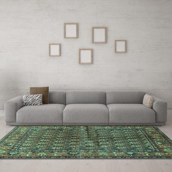 Machine Washable Persian Turquoise Traditional Area Rugs in a Living Room,, wshtr597turq