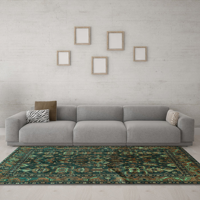 Machine Washable Persian Turquoise Traditional Area Rugs in a Living Room,, wshtr598turq