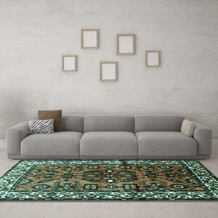 Machine Washable Persian Turquoise Traditional Area Rugs in a Living Room,, wshtr599turq