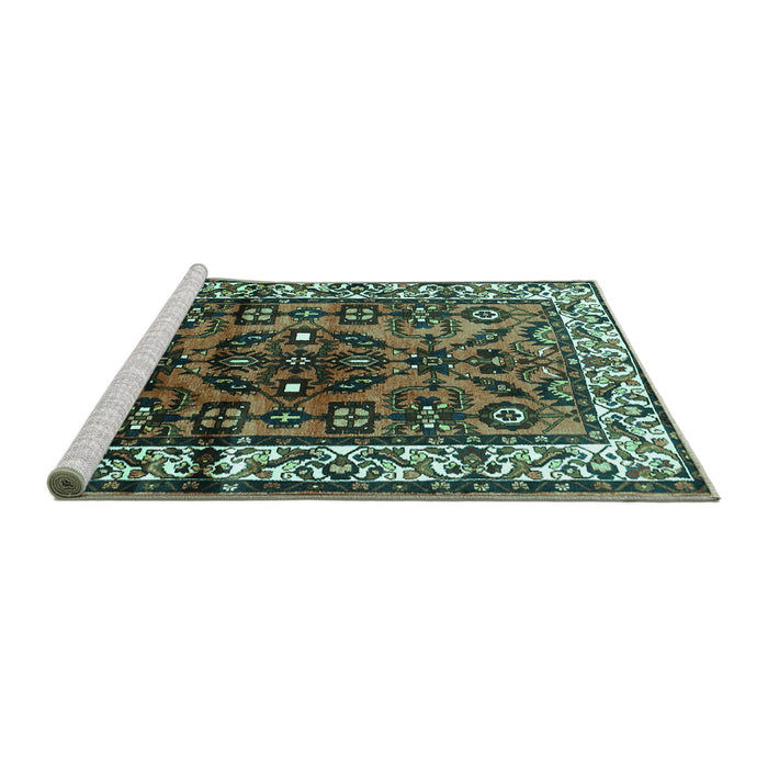 Sideview of Machine Washable Persian Turquoise Traditional Area Rugs, wshtr599turq