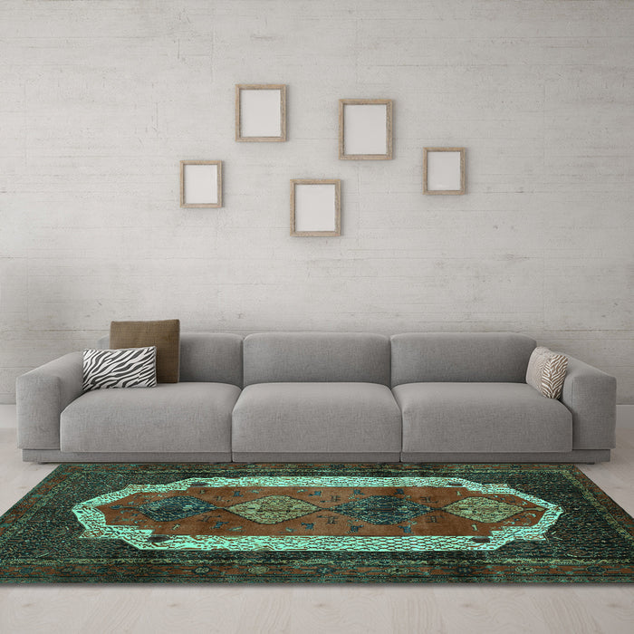 Machine Washable Persian Turquoise Traditional Area Rugs in a Living Room,, wshtr5turq