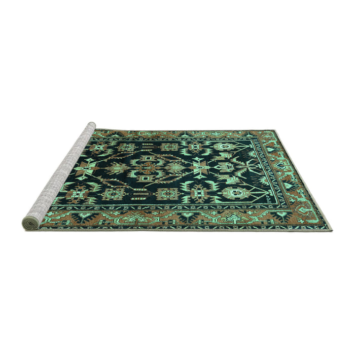 Sideview of Machine Washable Persian Turquoise Traditional Area Rugs, wshtr601turq