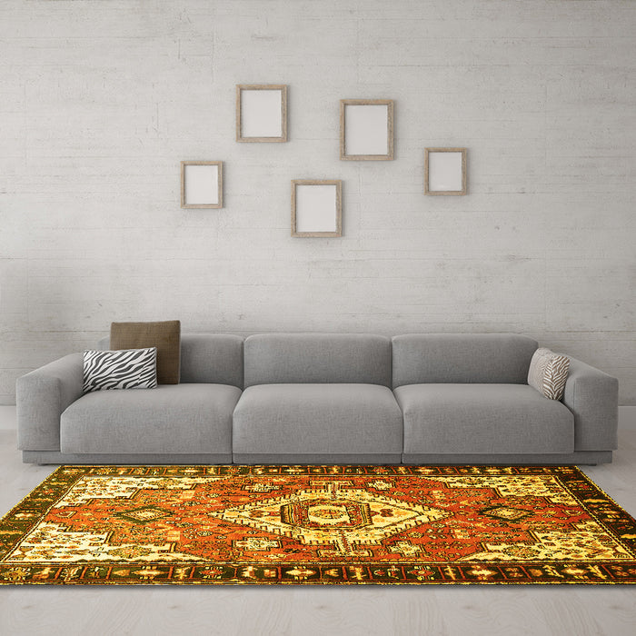 Machine Washable Persian Yellow Traditional Rug in a Living Room, wshtr603yw