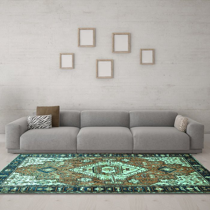 Machine Washable Persian Turquoise Traditional Area Rugs in a Living Room,, wshtr603turq