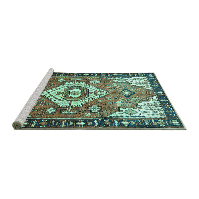 Sideview of Machine Washable Persian Turquoise Traditional Area Rugs, wshtr603turq