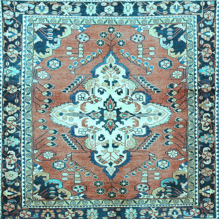 Square Machine Washable Medallion Light Blue Traditional Rug, wshtr604lblu