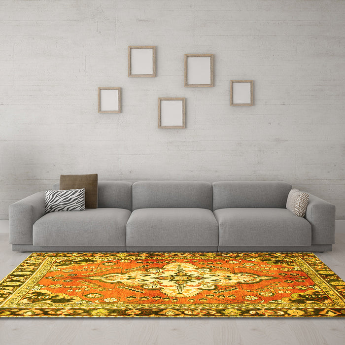 Machine Washable Medallion Yellow Traditional Rug in a Living Room, wshtr604yw