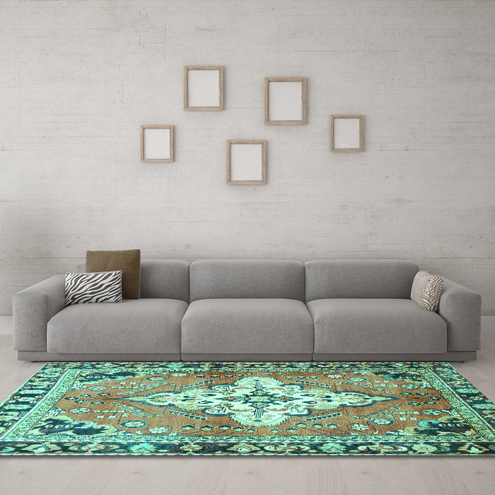Machine Washable Medallion Turquoise Traditional Area Rugs in a Living Room,, wshtr604turq
