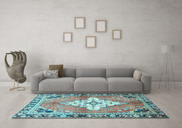 Machine Washable Medallion Light Blue Traditional Rug in a Living Room, wshtr604lblu