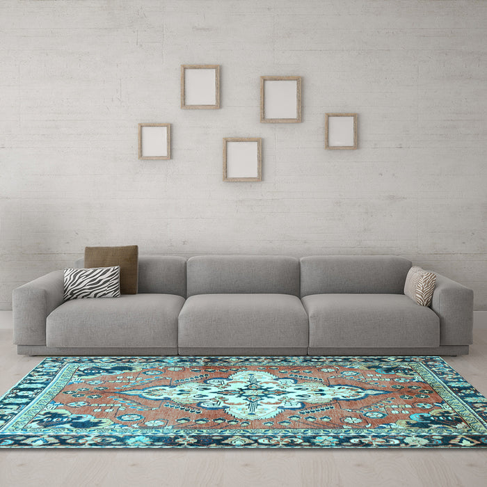 Machine Washable Medallion Light Blue Traditional Rug in a Living Room, wshtr604lblu