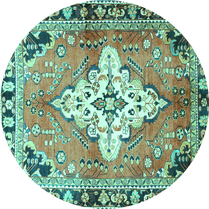 Round Machine Washable Medallion Turquoise Traditional Area Rugs, wshtr604turq