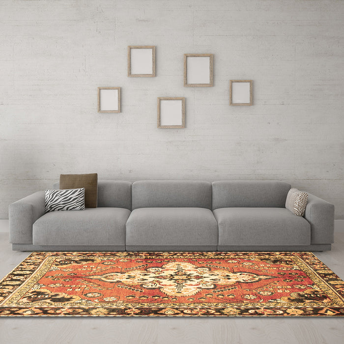 Machine Washable Medallion Brown Traditional Rug in a Living Room,, wshtr604brn
