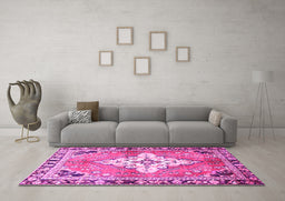 Machine Washable Medallion Pink Traditional Rug in a Living Room, wshtr604pnk